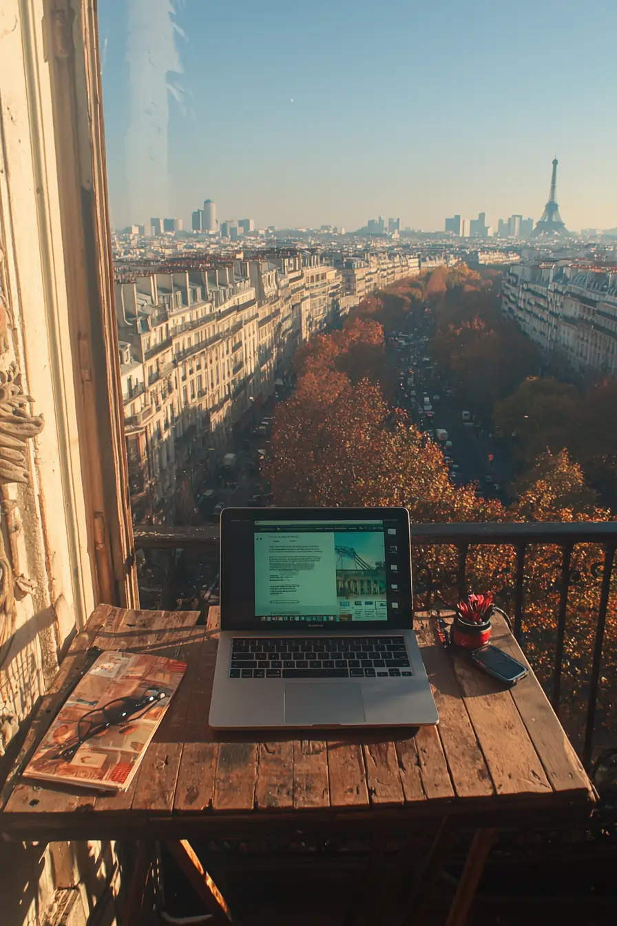 Personne consultant des annonces immobilières sur un ordinateur portable sur son balcon, illustrant la recherche d'un bien en ligne.